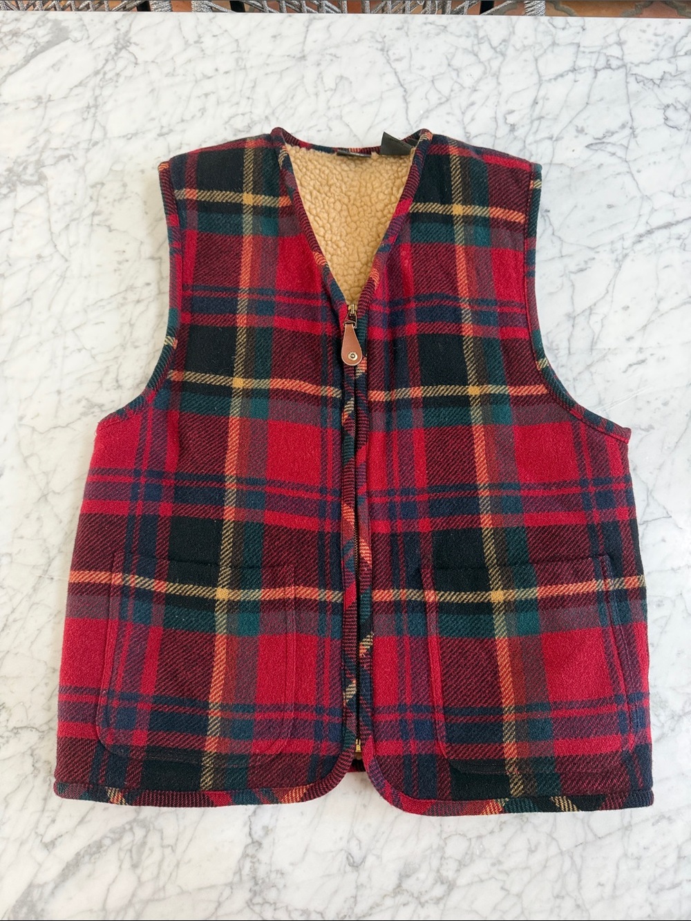 Vintage Wool Liz Wear Plaid Sherpa-Lined Vest - Red Tartan Sz S Oversized